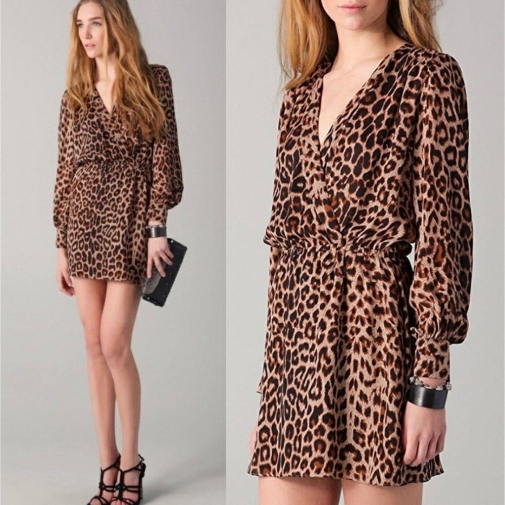 Parker Long-Sleeve Cheetah Silk Dress Sz Medium